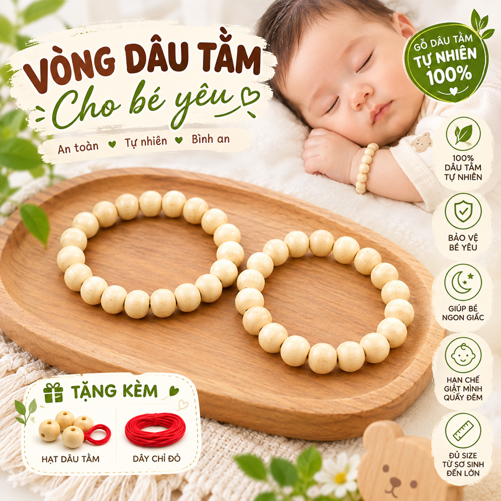 Vòng Dâu Tằm Cho Bé Chuẩn Gỗ Dâu Tự Nhiên 100% - Vòng Dâu Tằm Sơ Sinh Bé Trai Bé Gái - Dây Thun Co Giãn/Dây Rút -Đủ Size